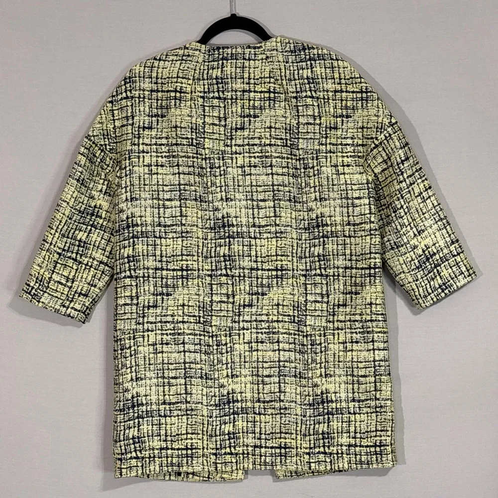 FRNCH Paris Yellow Blue Tweed Long Jacket M/L | Clasp Closure Coat